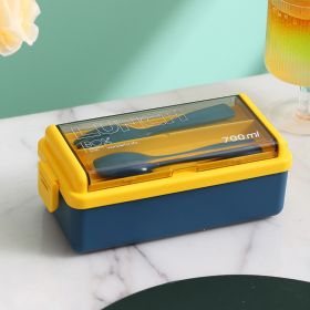 Portable Hermetic Grid Lunch Box School Children Student Bento Box With Fork Spoon Leakproof Microwavable Prevent Odor School (Color: Blue 700ml)